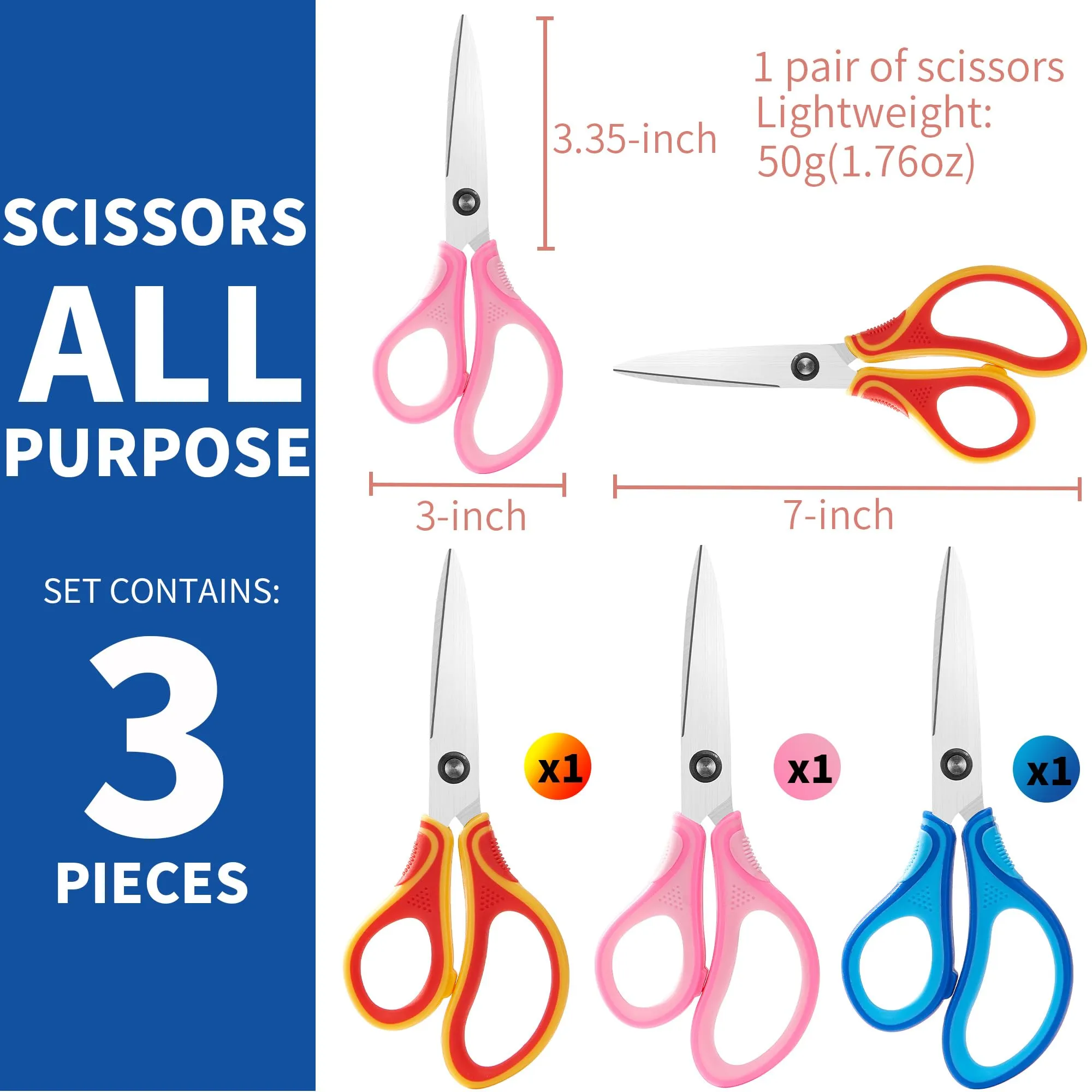 7" Student Scissors Set of 3-pack,Children Scissors, Pointed Tip Blades For Kids,Kids Scissors Ages 8-10 8-12 8-16 for School Crafting Project,Great for DIY, Arts, Home, Red/Pink/Blue