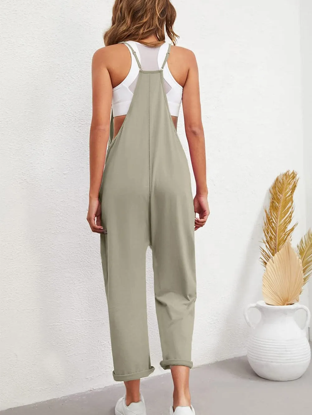 Adjustable V-Neck Green Jumpsuit with Pockets