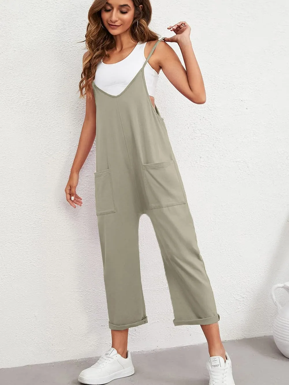 Adjustable V-Neck Green Jumpsuit with Pockets