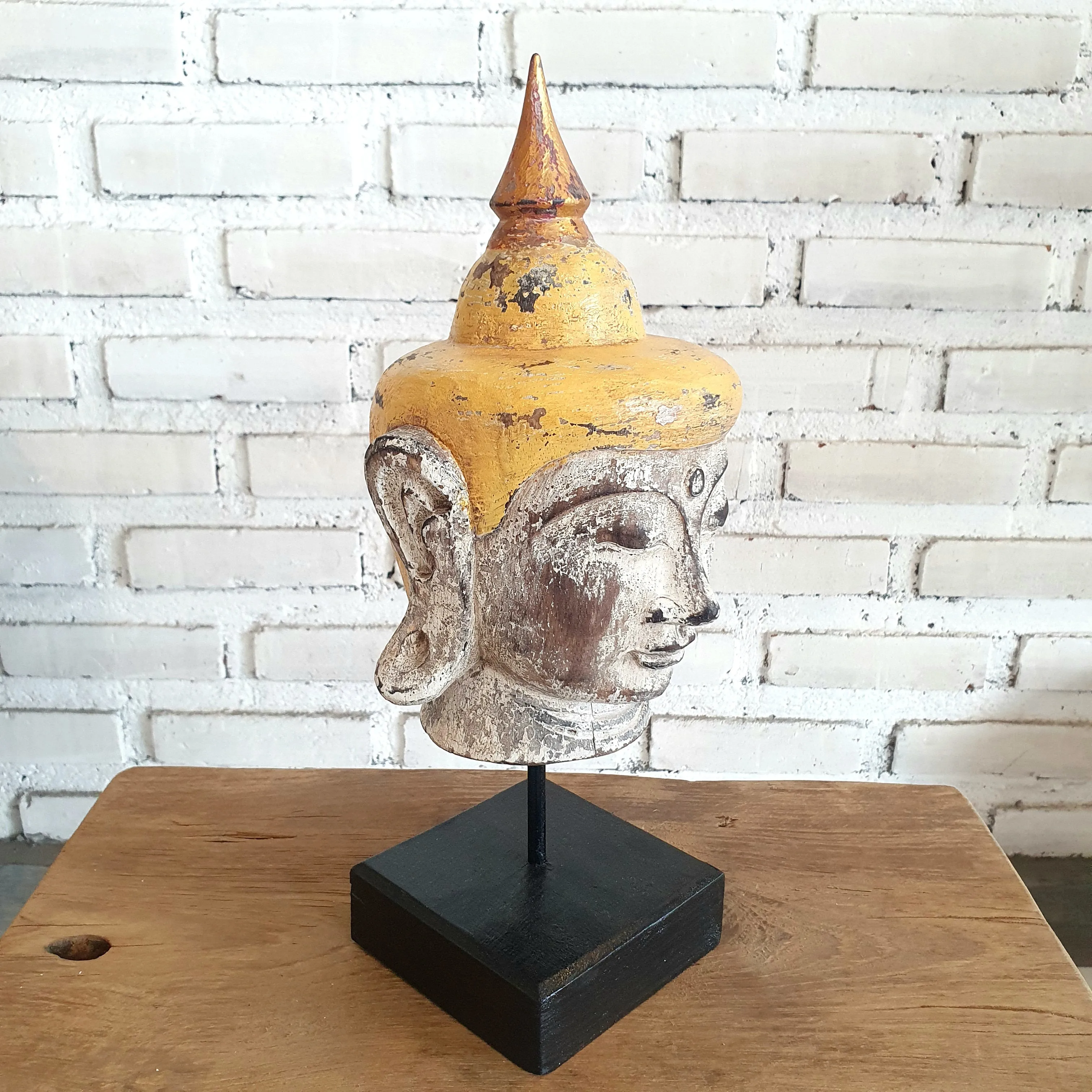 Antique Wooden Buddha Head (Yellow & Natural)