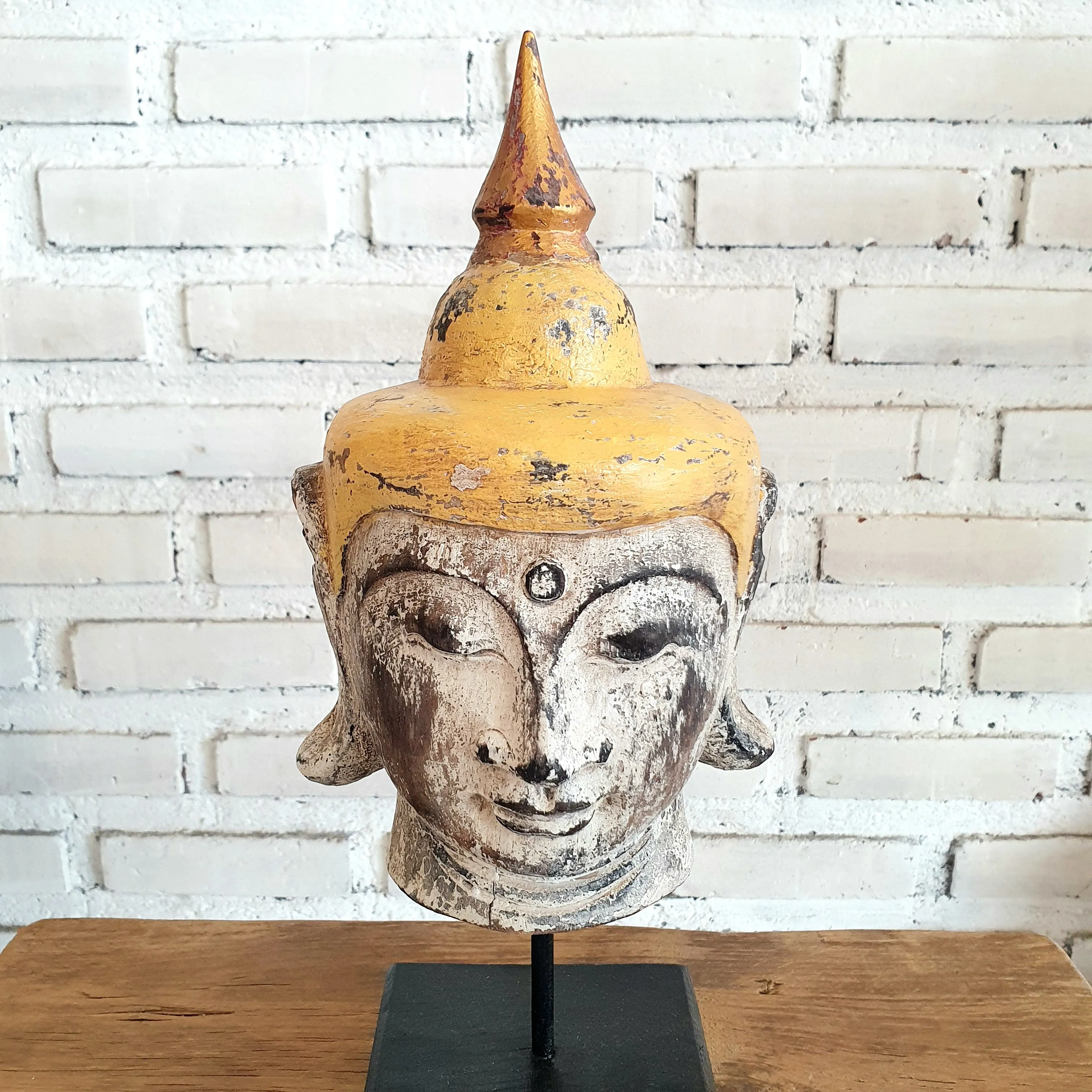 Antique Wooden Buddha Head (Yellow & Natural)