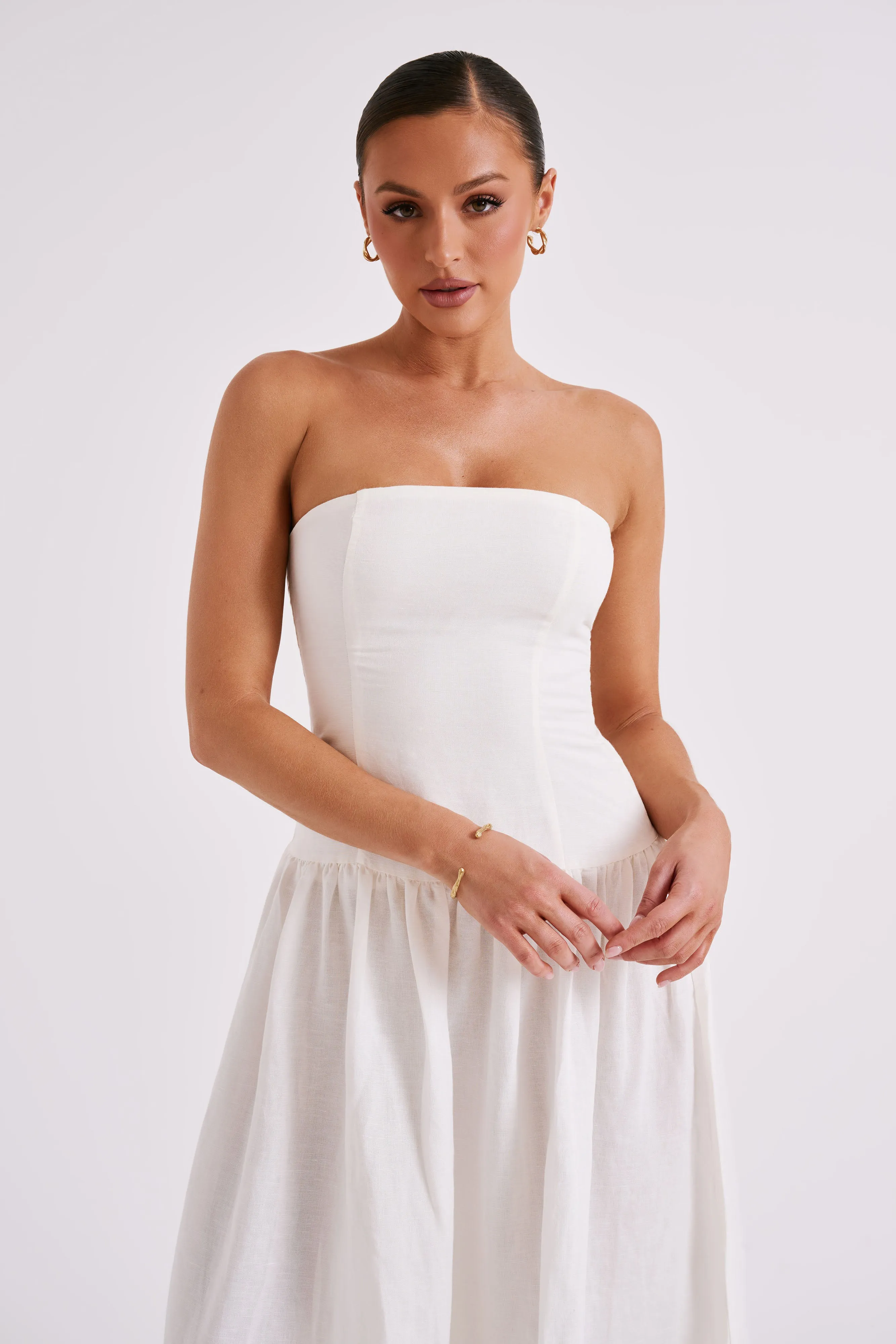 Audrina Strapless Linen Maxi Dress - White