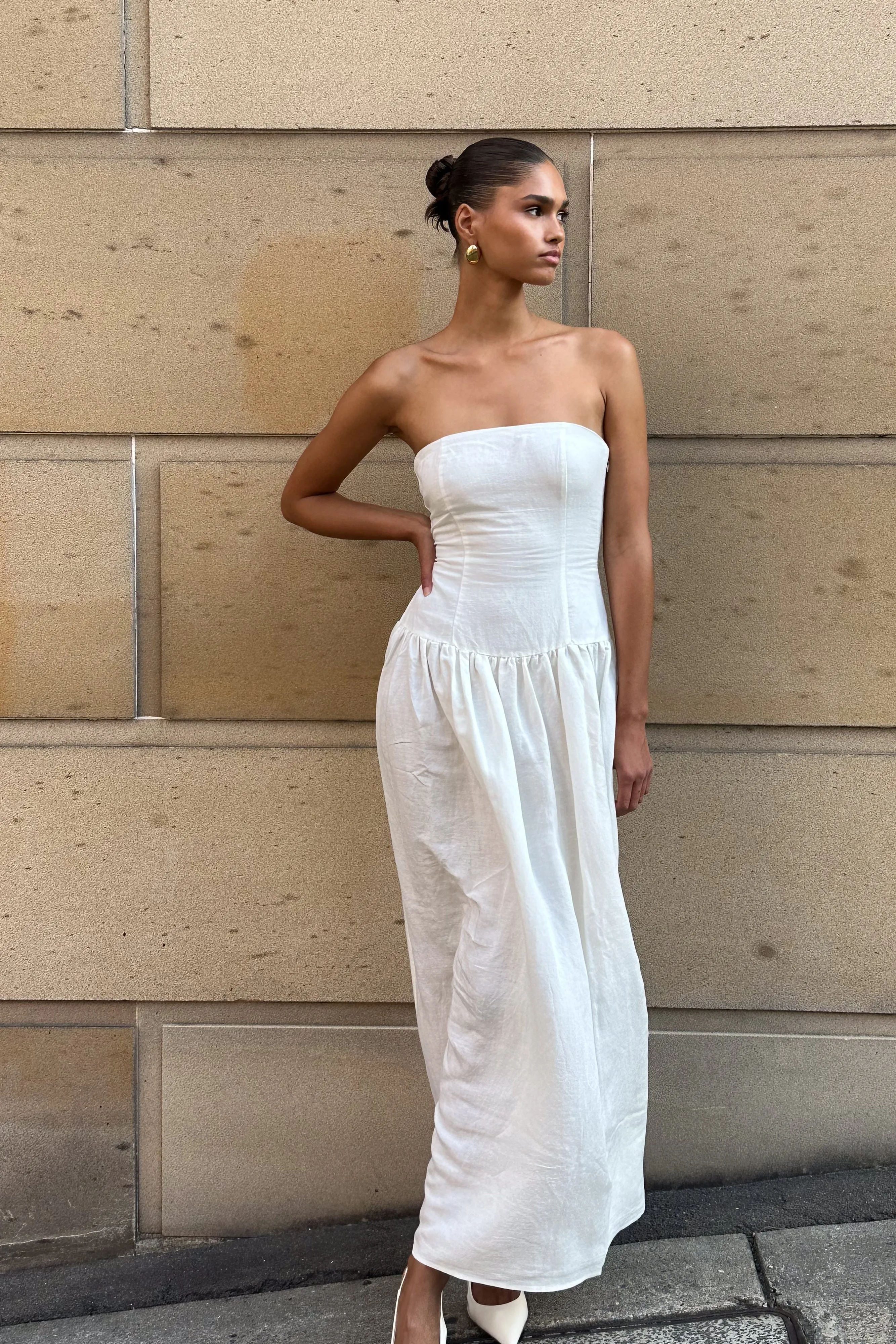 Audrina Strapless Linen Maxi Dress - White