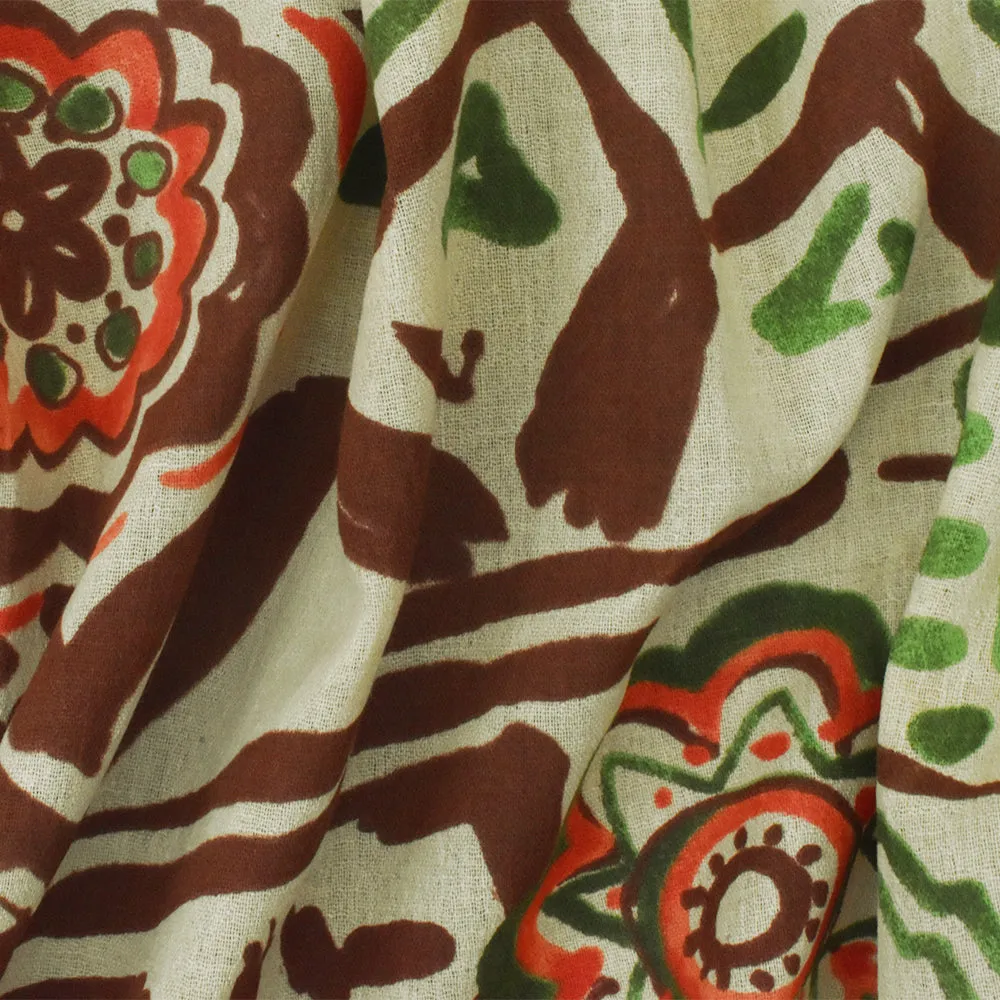 Beige-Green-Multi Aztec And Floral Printed Cotton Gauze Woven Fabric