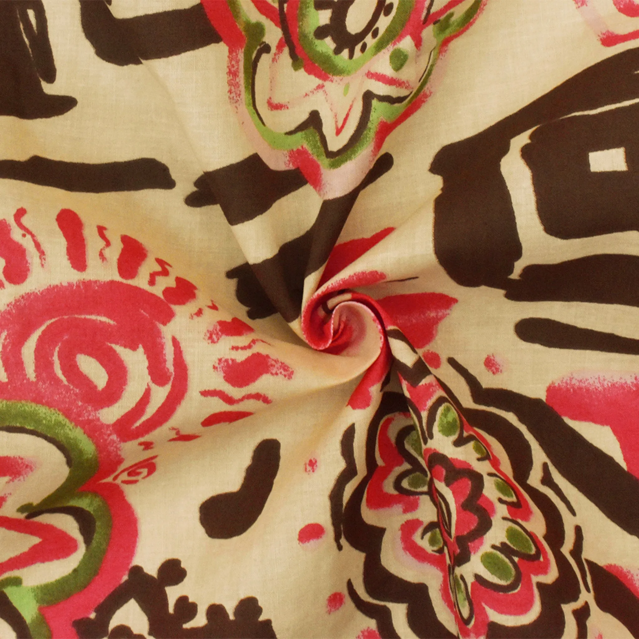 Beige-Red-Multi Floral Printed Cotton Voile Woven Fabric