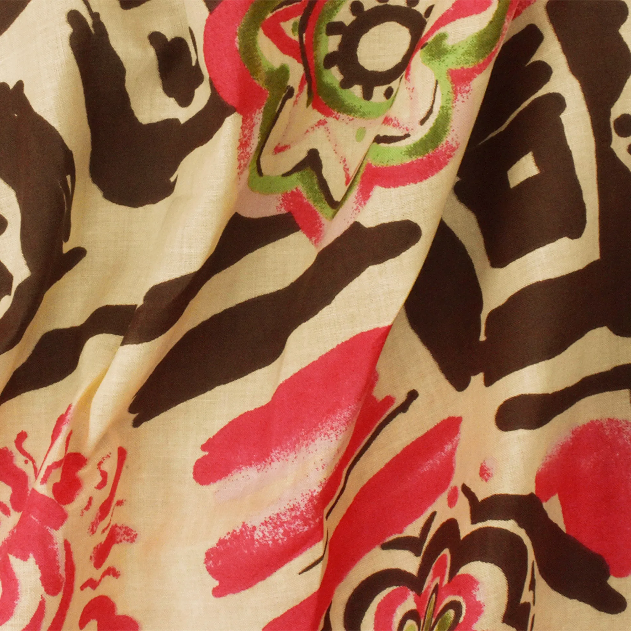 Beige-Red-Multi Floral Printed Cotton Voile Woven Fabric