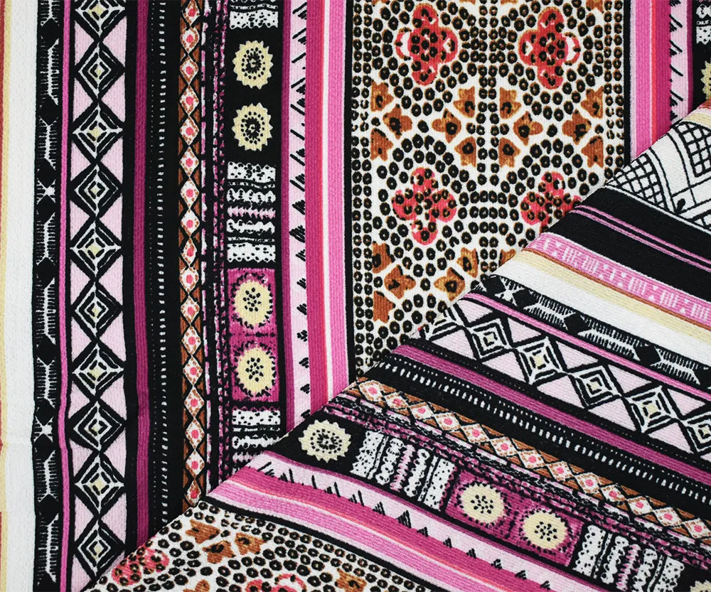 Black-Pink Polyester Tribal Stripes Printed Crepe Texture Georgette Fabric