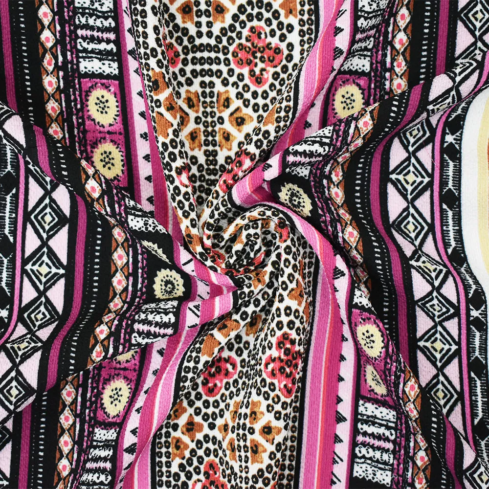 Black-Pink Polyester Tribal Stripes Printed Crepe Texture Georgette Fabric