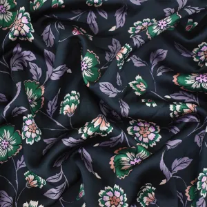 Black-Purple-Multi Floral Printed Poly Charmeuse Woven Fabric