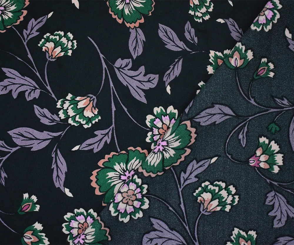 Black-Purple-Multi Floral Printed Poly Charmeuse Woven Fabric