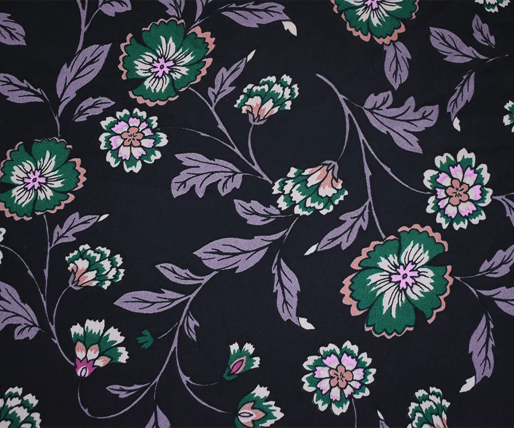 Black-Purple-Multi Floral Printed Poly Charmeuse Woven Fabric