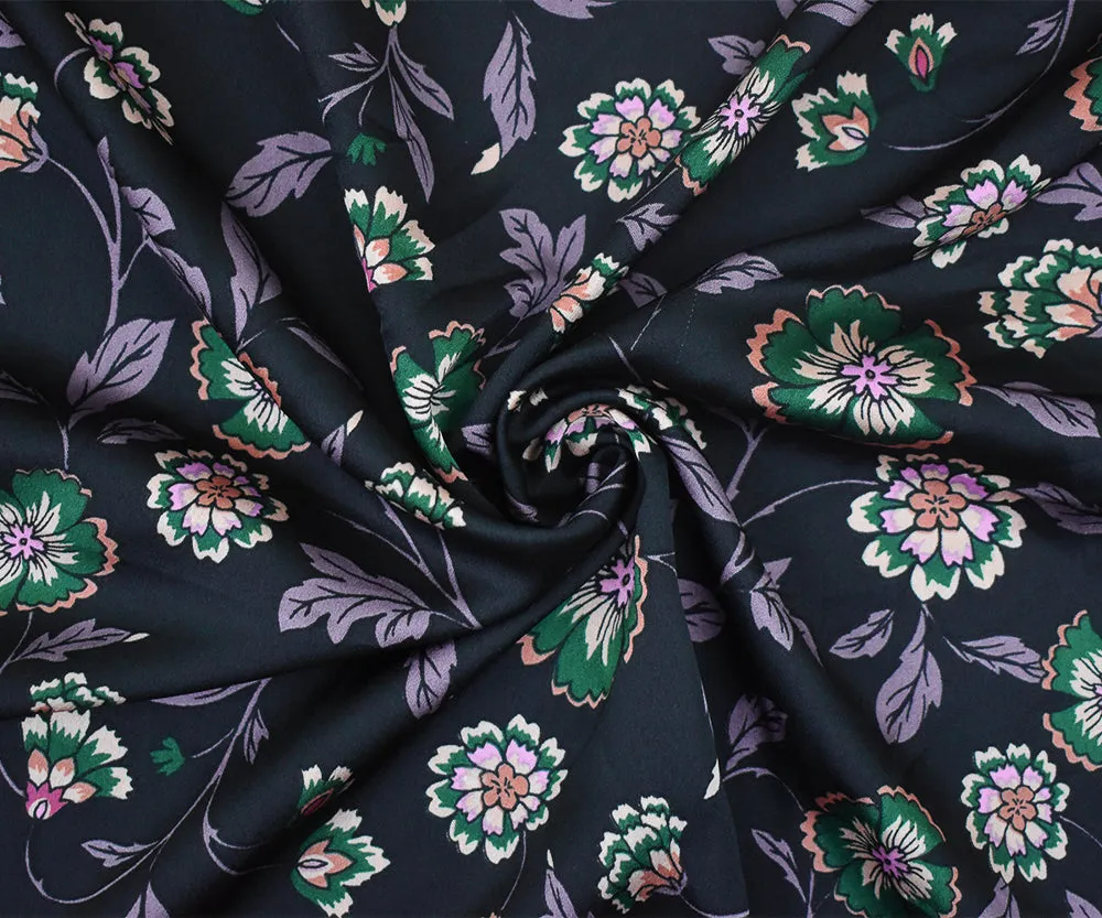 Black-Purple-Multi Floral Printed Poly Charmeuse Woven Fabric