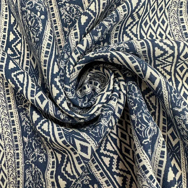 Blue and White Multi Stripe Print Rayon Challis Fabric