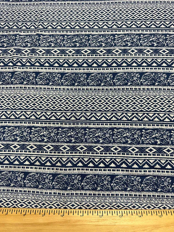 Blue and White Multi Stripe Print Rayon Challis Fabric