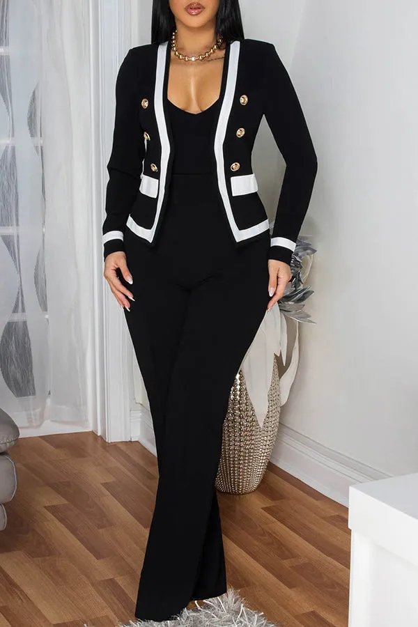 Elegant Double-Breasted Tailored Jacket & Stripe Pants Set