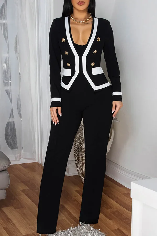 Elegant Double-Breasted Tailored Jacket & Stripe Pants Set