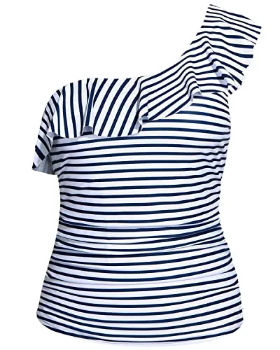 Flattering And Cute One Shoulder Tankini Tops Push Up Bra For Women-Blue And White Stripes