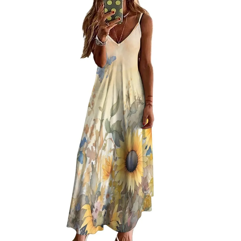 Floral Sunflower Spaghetti Strap Ankle-Length Dress Long dress