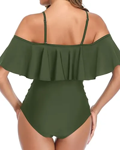 Flounce Off Shoulder One Piece Swimsuits Tummy Control Bathing Suits For Women-Army Green