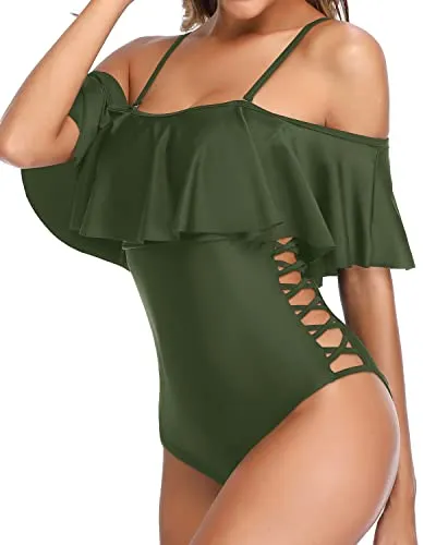 Flounce Off Shoulder One Piece Swimsuits Tummy Control Bathing Suits For Women-Army Green