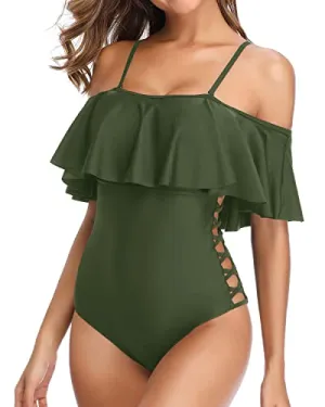 Flounce Off Shoulder One Piece Swimsuits Tummy Control Bathing Suits For Women-Army Green