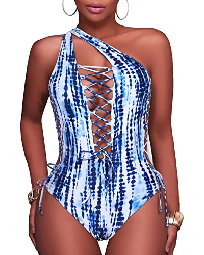 High Cut Legs Cross Back Plunge V Neck Swimwear-Blue Tie Dye