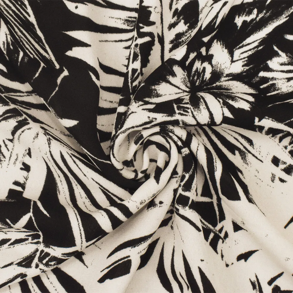 Ivory-Black Leaves Printed Poly Georgette Woven Fabric