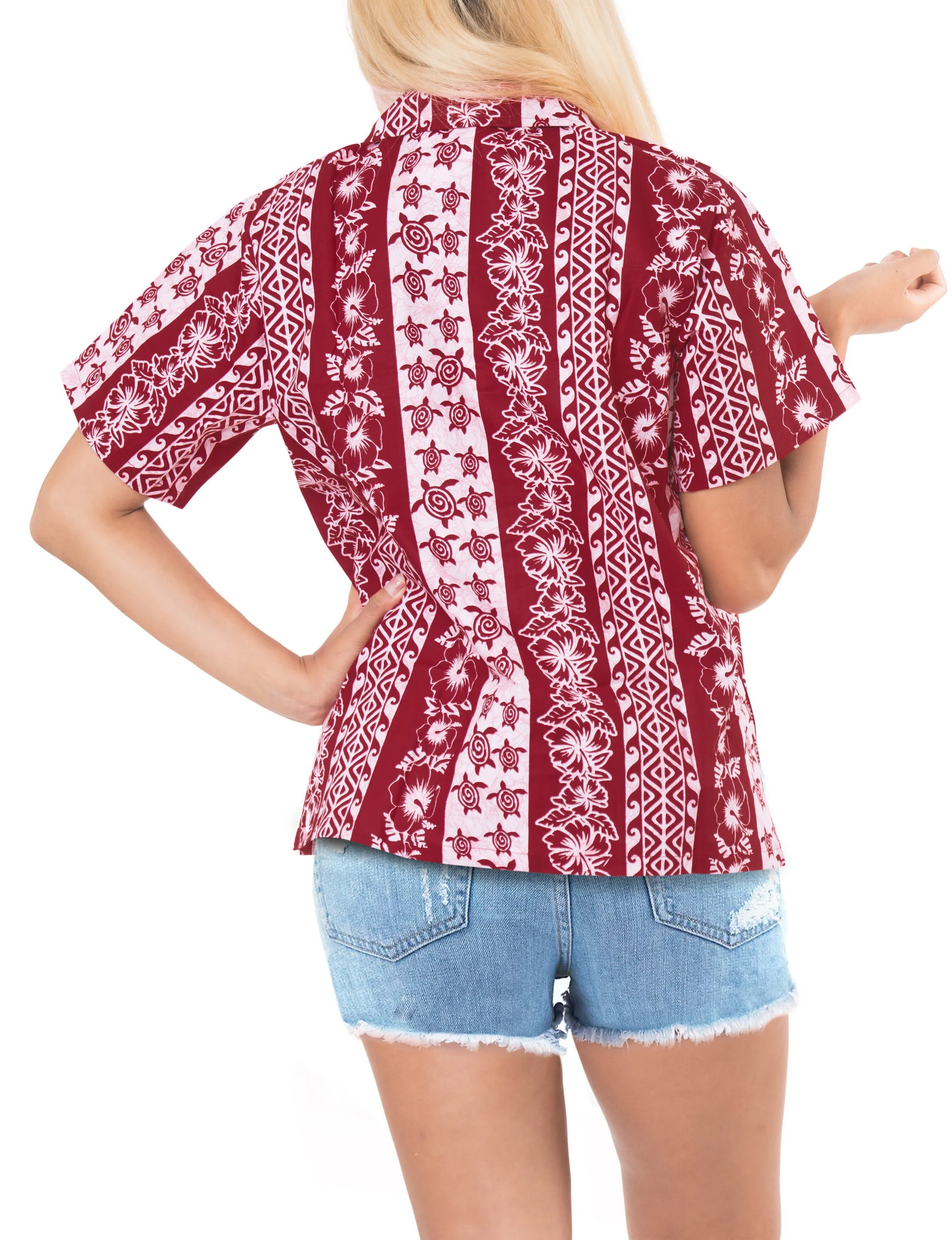 LA LEELA Women's Beach Casual Hawaiian Blouse Short Sleeve button Down Shirt Red