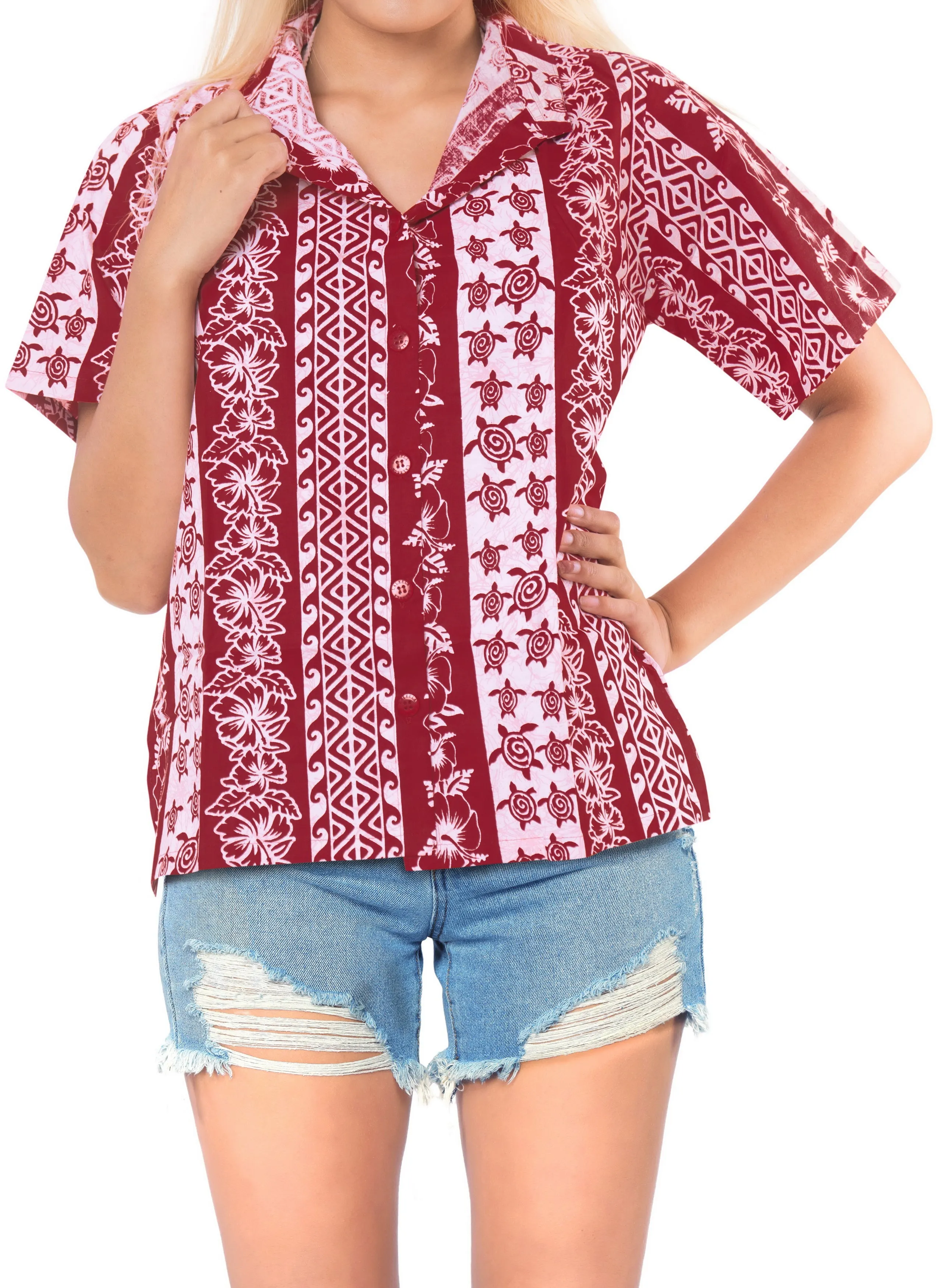 LA LEELA Women's Beach Casual Hawaiian Blouse Short Sleeve button Down Shirt Red