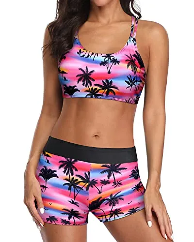 Long Torso 3 Piece Tummy Control Swimsuit Set For Women-Black Palm Tree