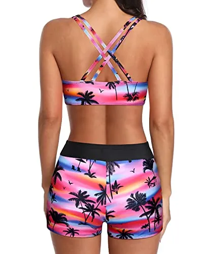 Long Torso 3 Piece Tummy Control Swimsuit Set For Women-Black Palm Tree