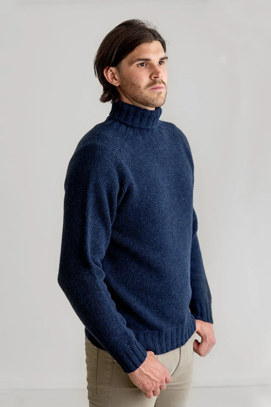 Mens Chunky Geelong Superfine Lambs wool Polo Neck Jumper - Navy