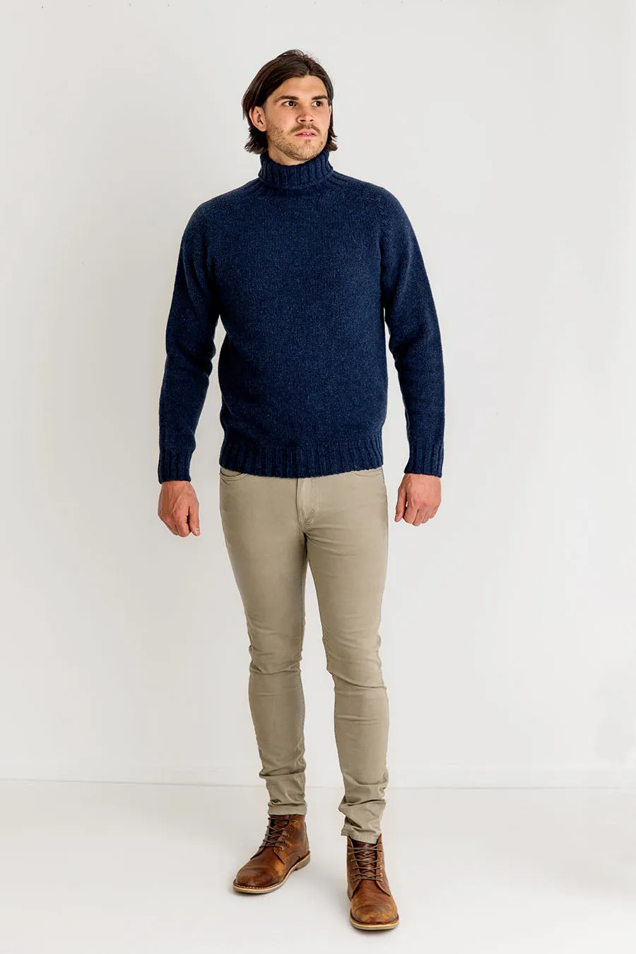 Mens Chunky Geelong Superfine Lambs wool Polo Neck Jumper - Navy