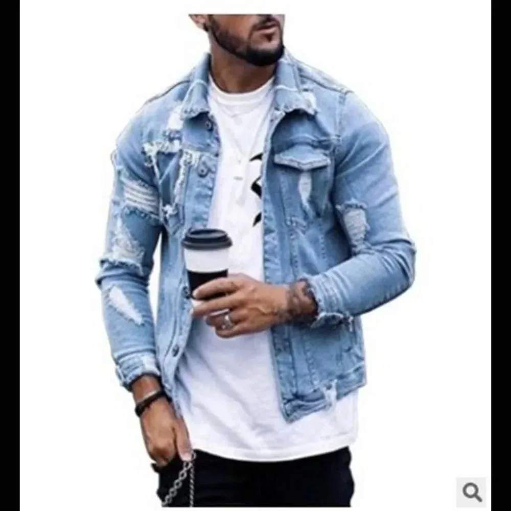 Men's Denim Jacket Ripped Irregular Wash Jean Jacket