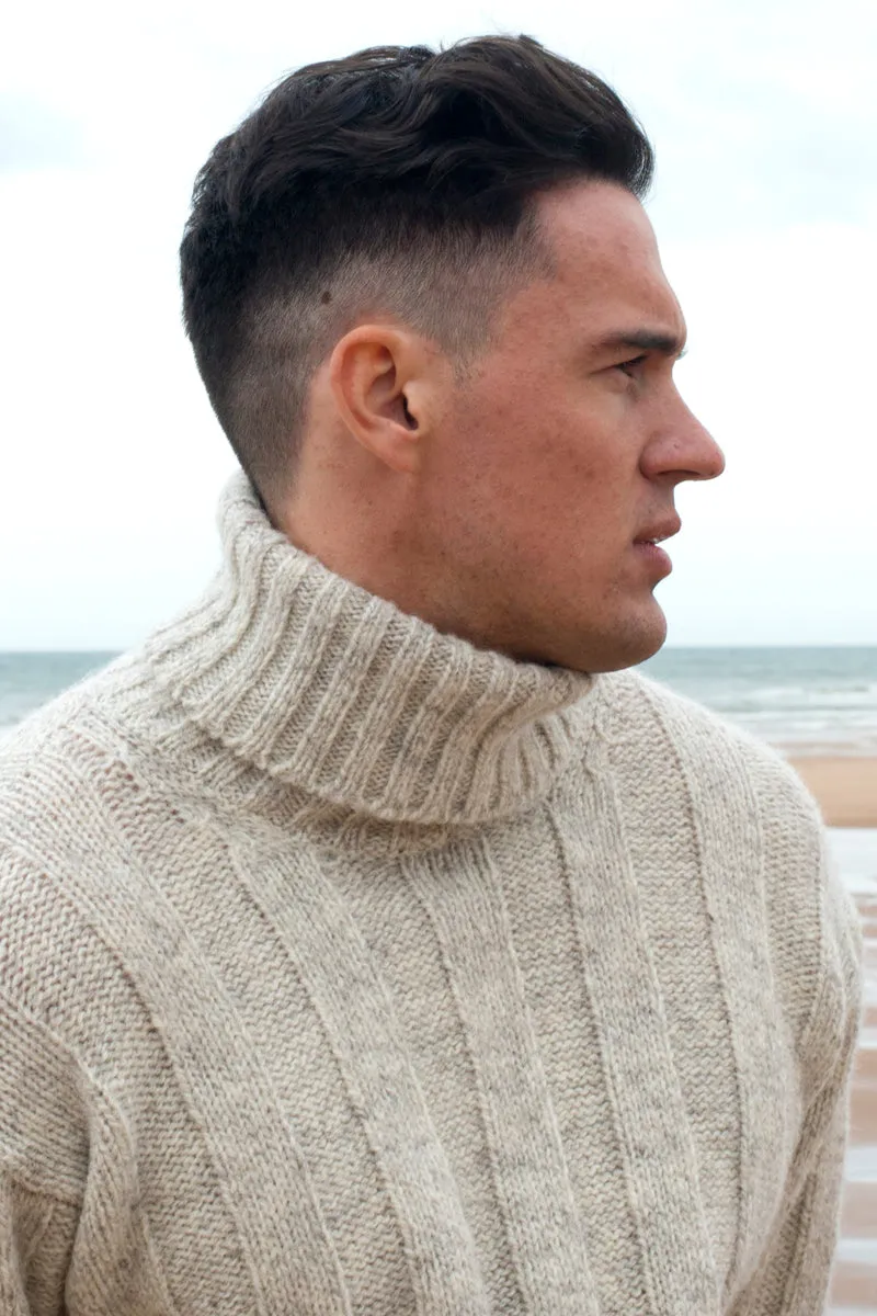 Mens Natural Ribbed Polo Neck Jumper - undyed