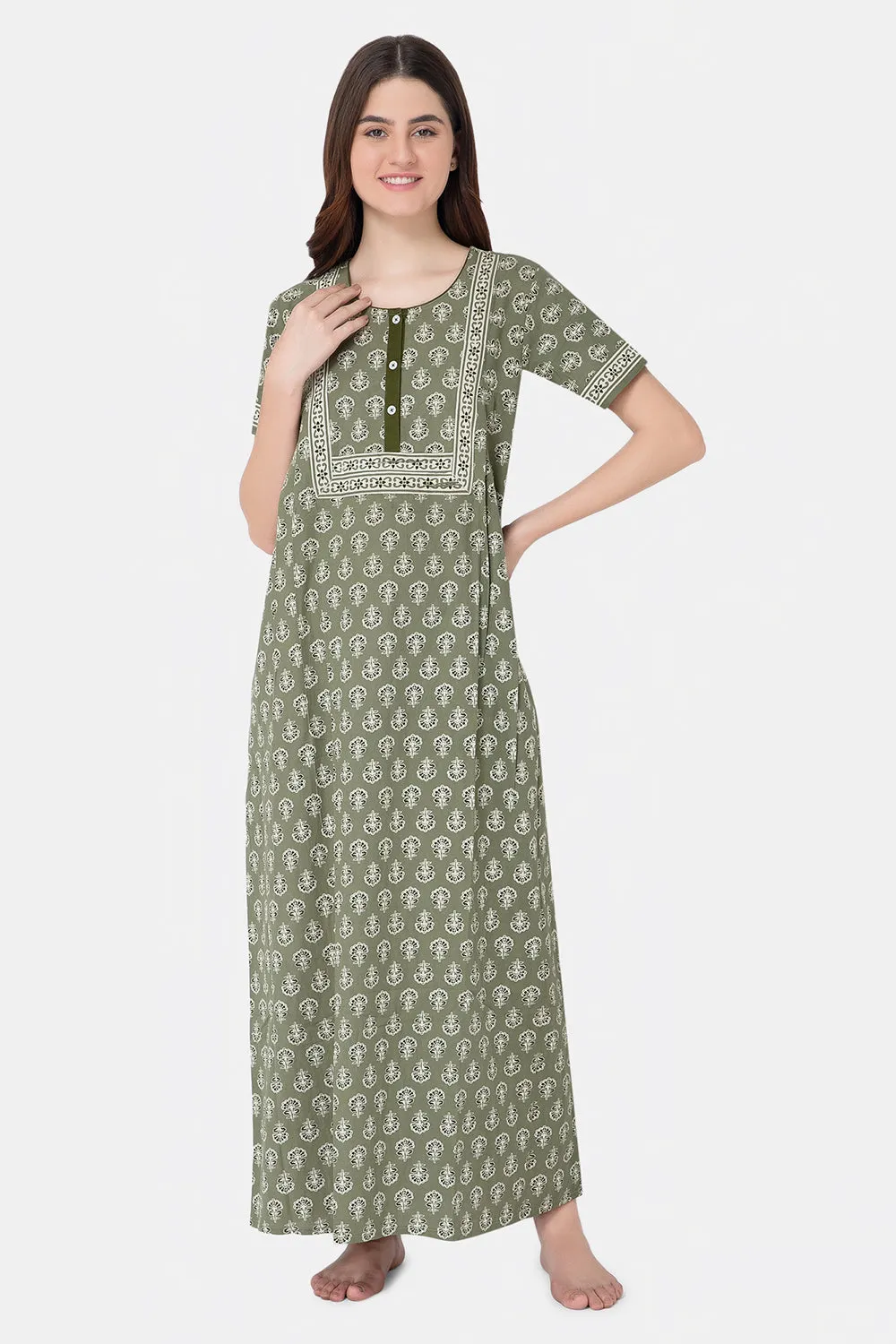 Naidu Hall Round Neck Half Sleeve Front Button Open Nighty - Green - NT02