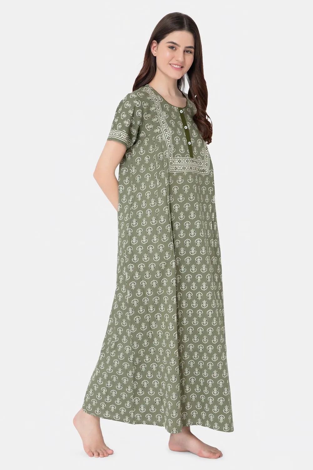 Naidu Hall Round Neck Half Sleeve Front Button Open Nighty - Green - NT02