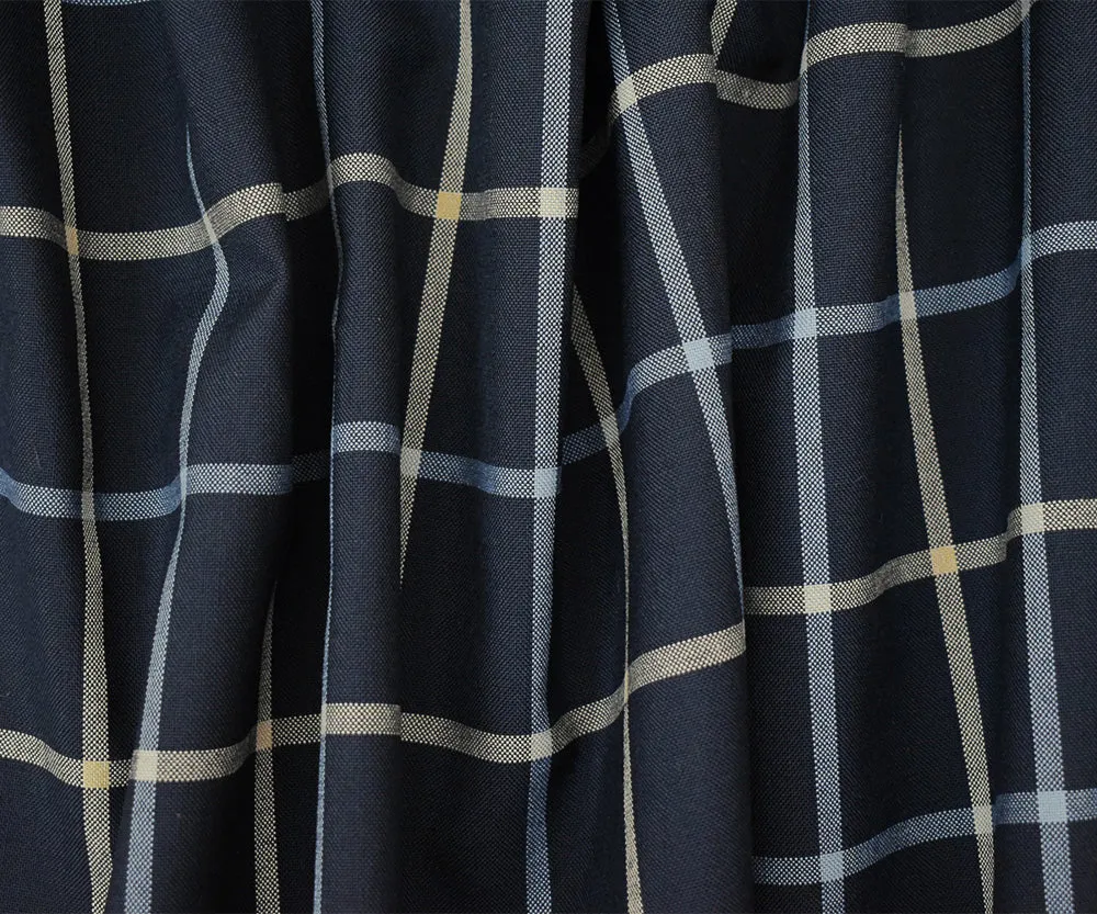 Navy-Light Blue-Beige Poly-Wool Blend Check Shirting Woven Fabric