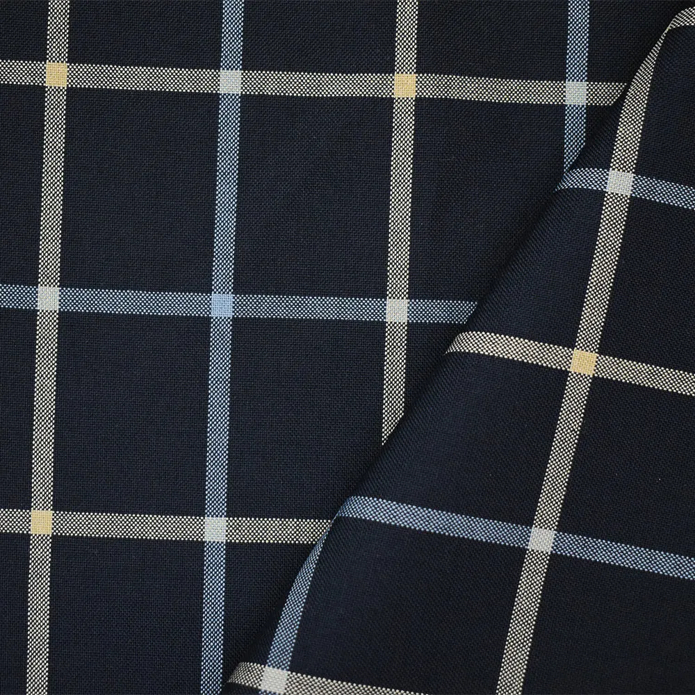 Navy-Light Blue-Beige Poly-Wool Blend Check Shirting Woven Fabric