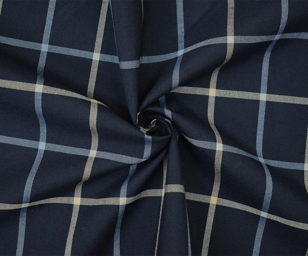 Navy-Light Blue-Beige Poly-Wool Blend Check Shirting Woven Fabric