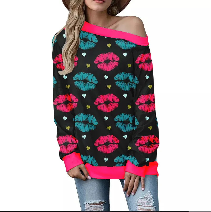 Off-Shoulder Sweater – Stylish Printed Long Sleeve Top