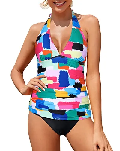 Sexy V Neck Halter Tankini Top With Bikini Bottom Two Piece Tankini For Women-Aqua