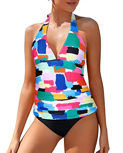 Sexy V Neck Halter Tankini Top With Bikini Bottom Two Piece Tankini For Women-Aqua