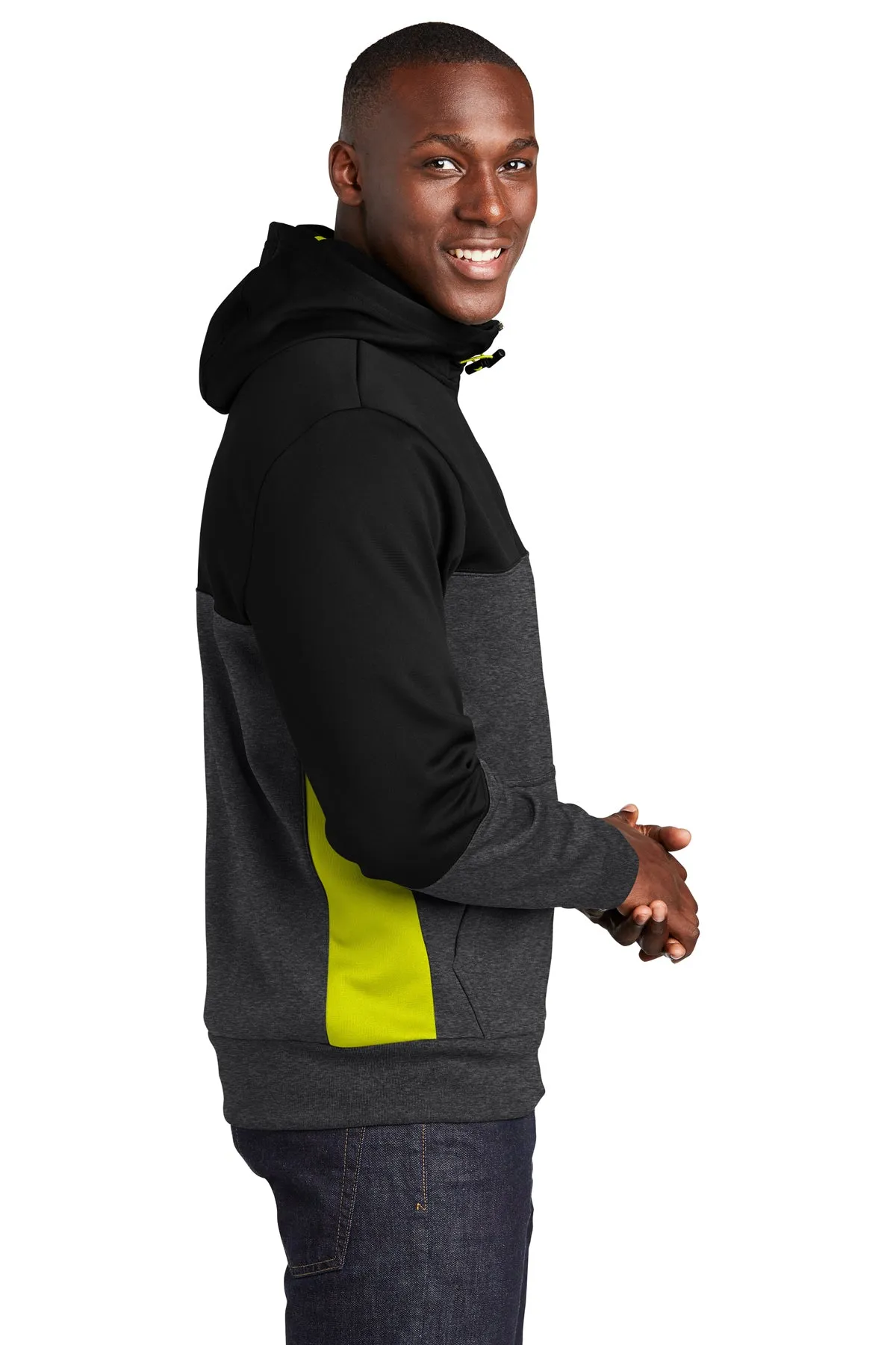 Sport-Tek Tech Fleece Colorblock Custom Full-Zip Hooded Jackets, Black/ Graphite Heather/ Citron