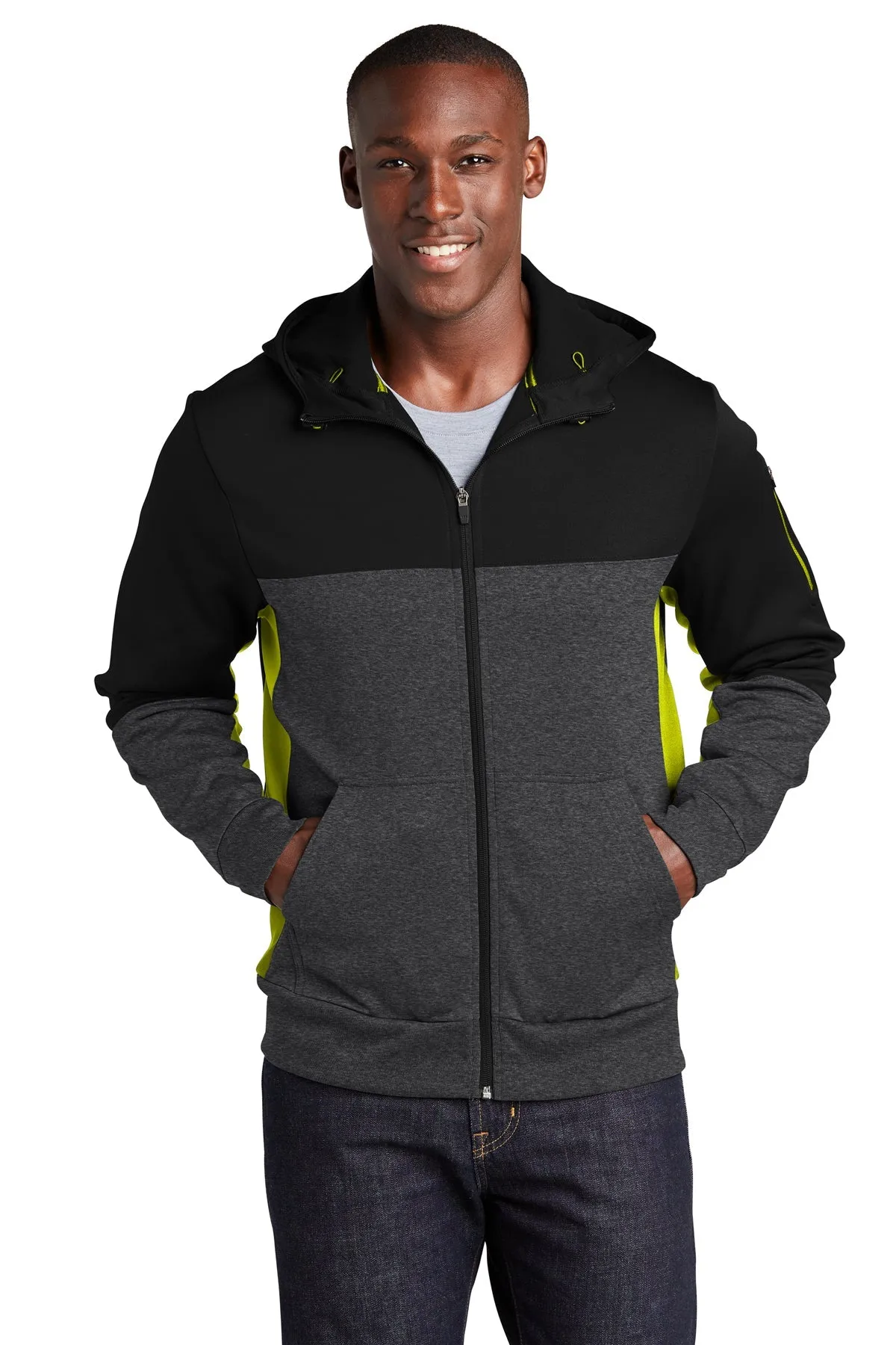 Sport-Tek Tech Fleece Colorblock Custom Full-Zip Hooded Jackets, Black/ Graphite Heather/ Citron