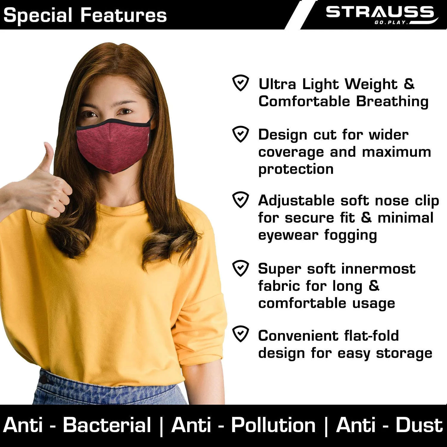 STRAUSS Unisex Anti-Bacterial Protection Mask, Non Vent, Medium, (Red)