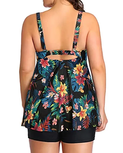 Tie Knot Swim Tops Tankini Swimsuits Shorts-Black Flowers