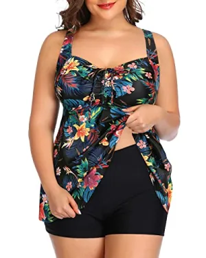 Tie Knot Swim Tops Tankini Swimsuits Shorts-Black Flowers