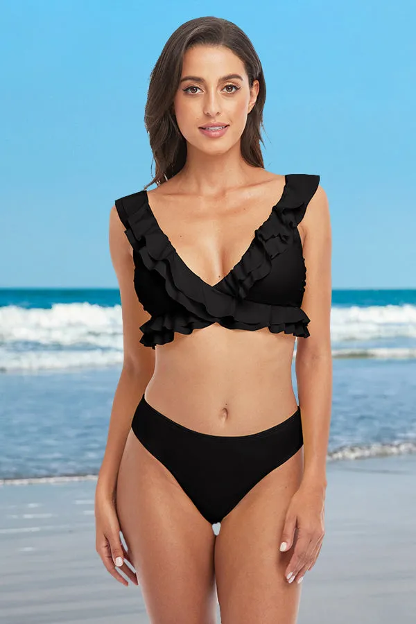 V Neck Ruffle Solid Color Knotted Black Bikini Suits