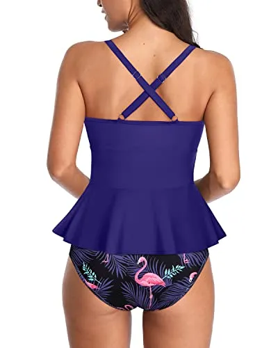 Vintage Peplum Swim Top With High Waisted Swim Bottom 2 Piece Tankini-Blue Flamingo